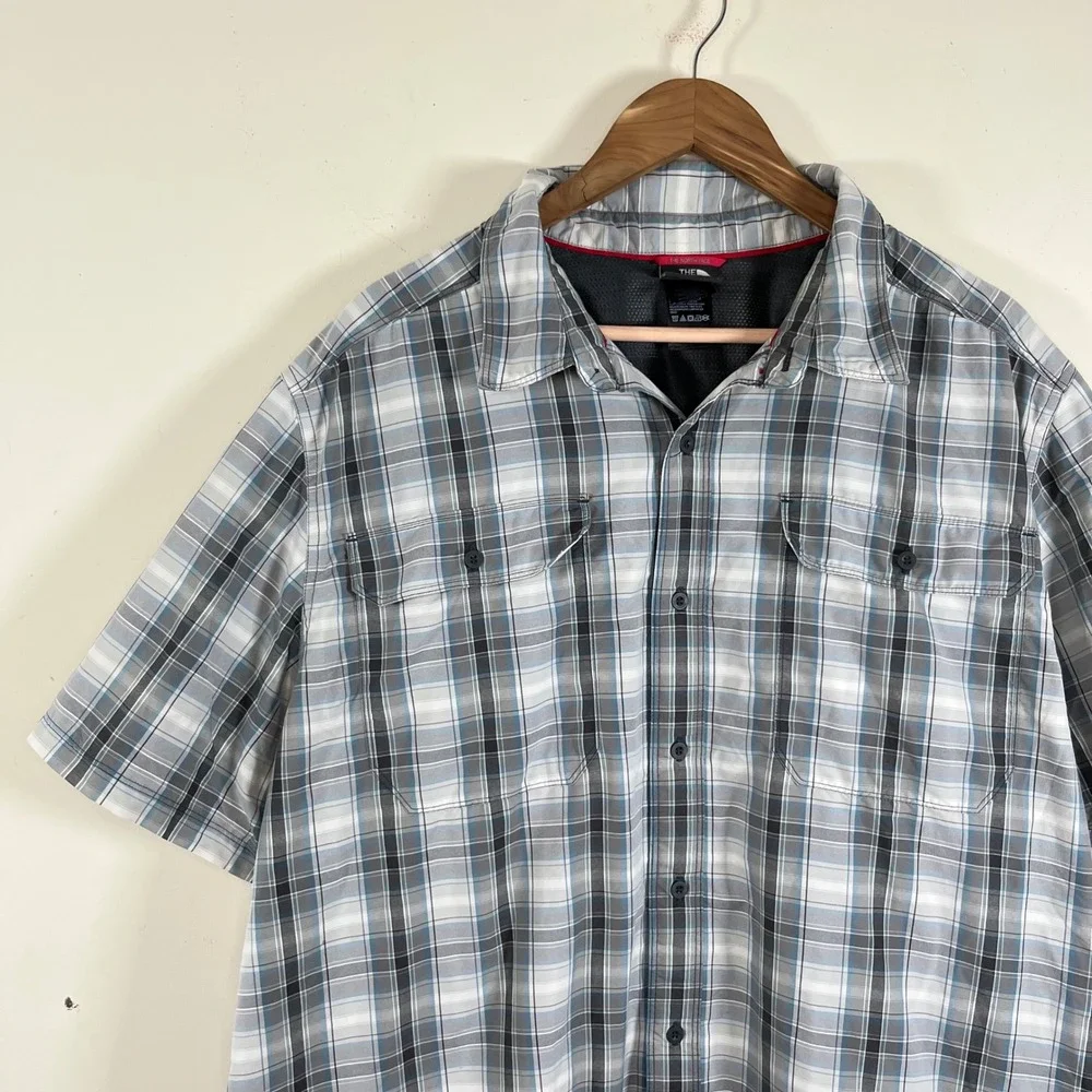 The North Face Short Sleeve Plaid Button Down Utility Gorpcore Blue Grey Sz XXL